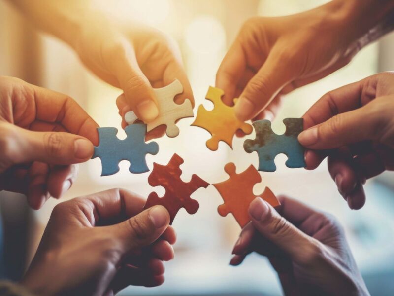 Hands join puzzle pieces,  putting the jigsaws team together, business concept
