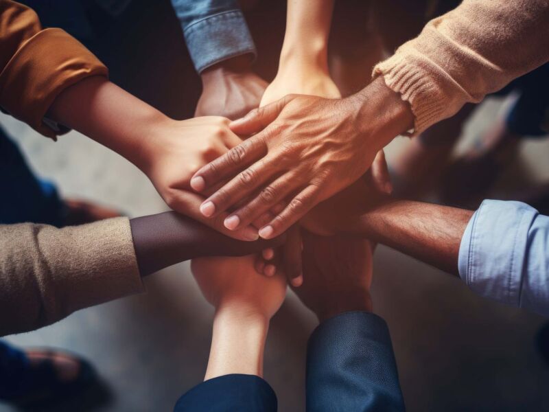 Group of people holding and stacking hands together.